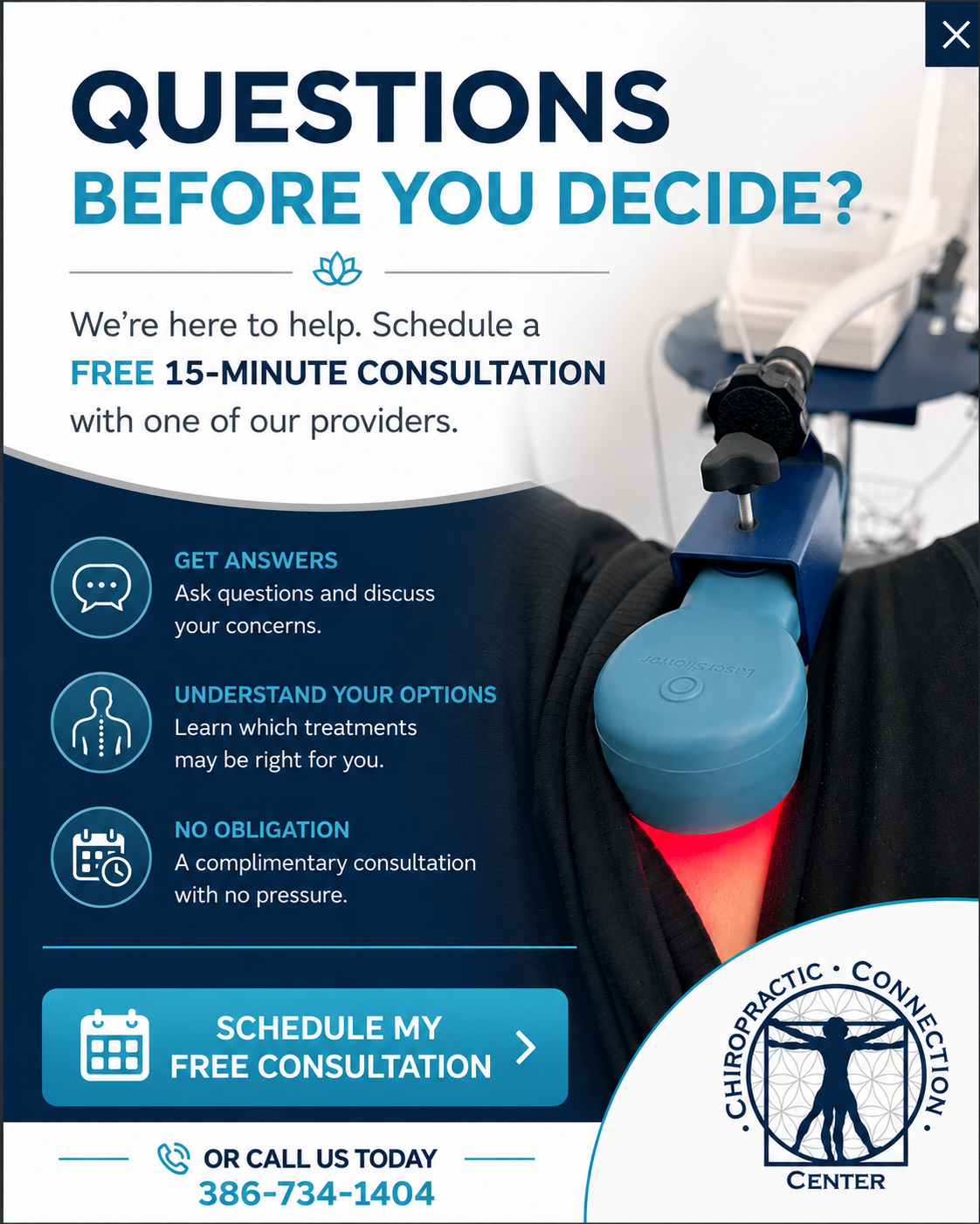 Free 15-minute consultation offer at Chiropractic Connection Center in DeLand, FL - call 386-734-1404